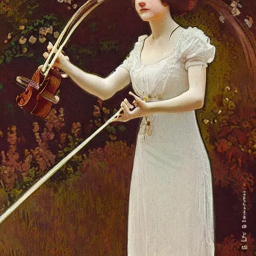 Prompt: A young edwardian woman wearing a white dress, holding a violin in her hands, in the style of mucha