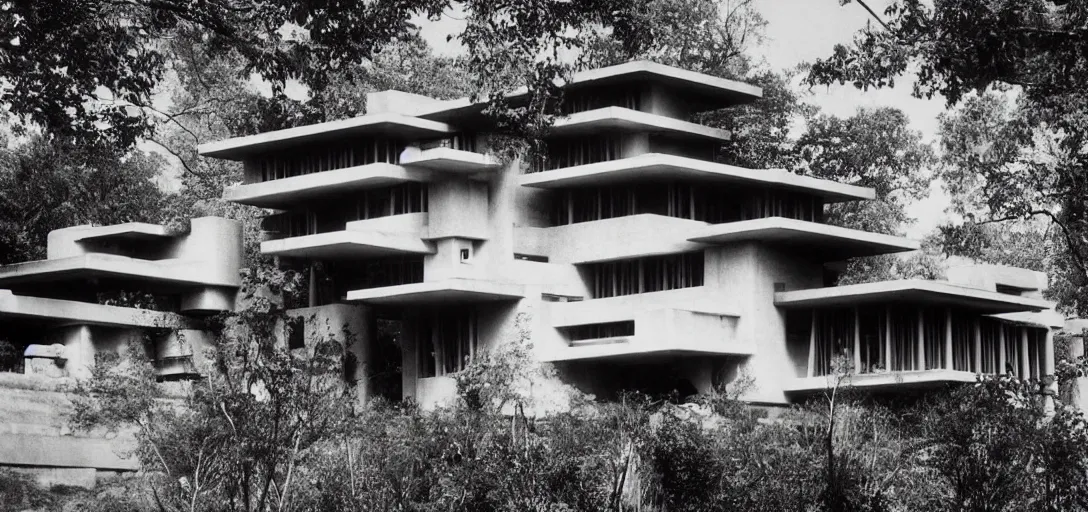 Image similar to dystopian house by frank lloyd wright. photograph by helmut newton.