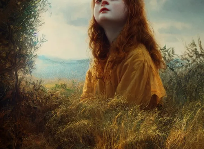 Image similar to sadie sink the real god, watching the earth. epic cinematic hyperrealism masterpiece. realistic poster with shaded lighting by craig mallismo, artgerm, jeremy lipkin and michael garmash, unreal engine, radiant light, detailed and complex environment, octane photoreal 3 d render, art station trends