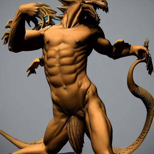 Prompt: greek statue of a dragon human hybrid chimera creature, human torso dragon legs, dragontaur?, artstation, tumblr