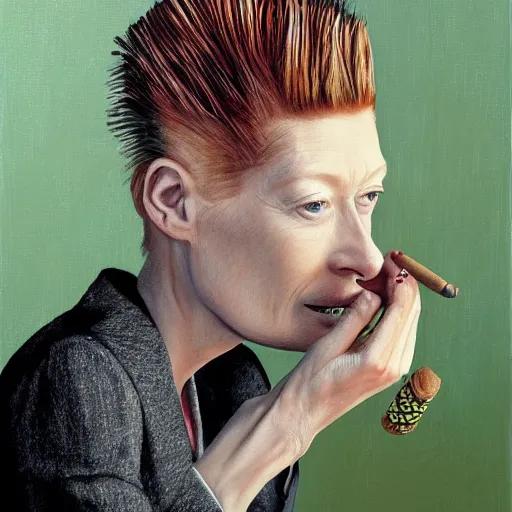 Image similar to caricature portrait of a beautiful 20 year old Tilda Swinton smoking a cigar by Mario Testino, headshot, detailed, award winning, oil painting