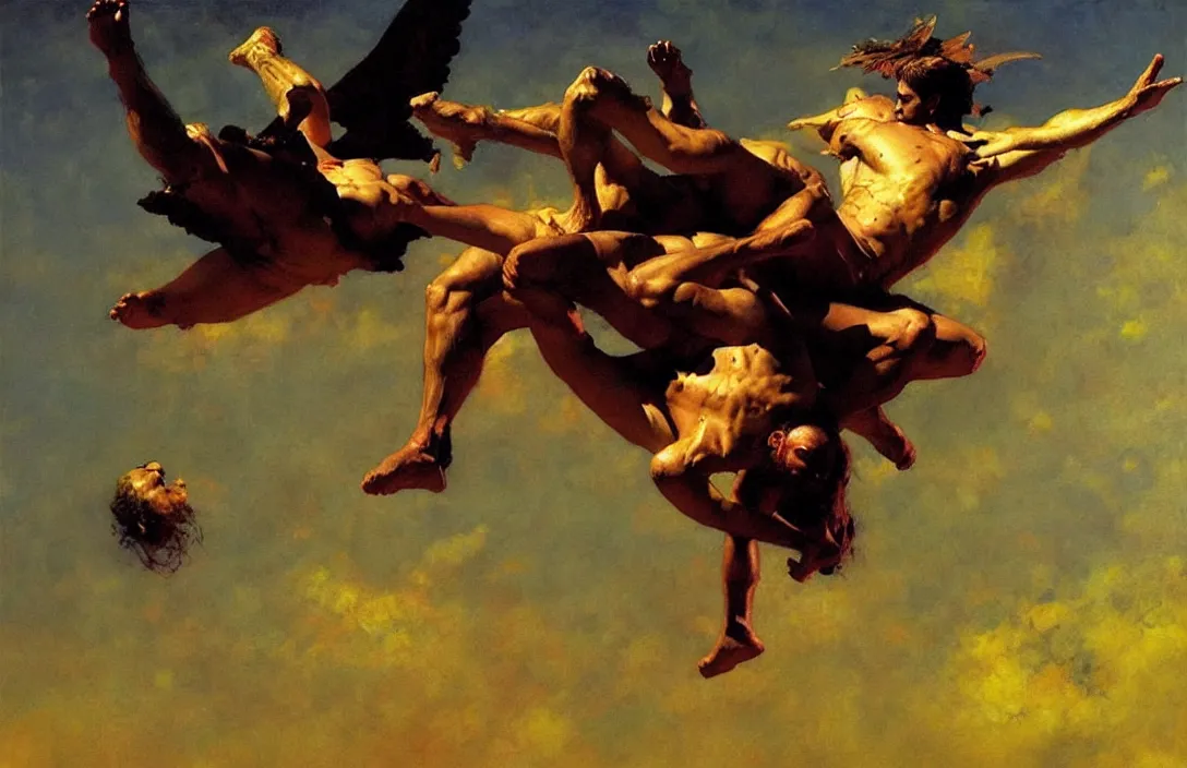 Image similar to icarus falling from the sky, detailed painting, epic lighting, by ilya repin, phil hale and kent williams