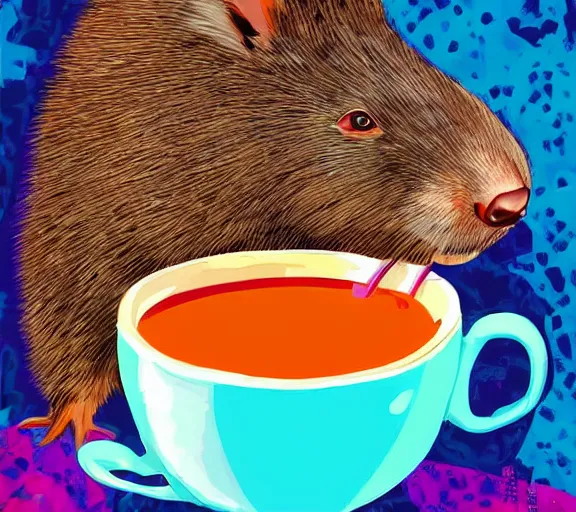 Image similar to awesome colourful digital painting of a wombat sipping a cup of tea