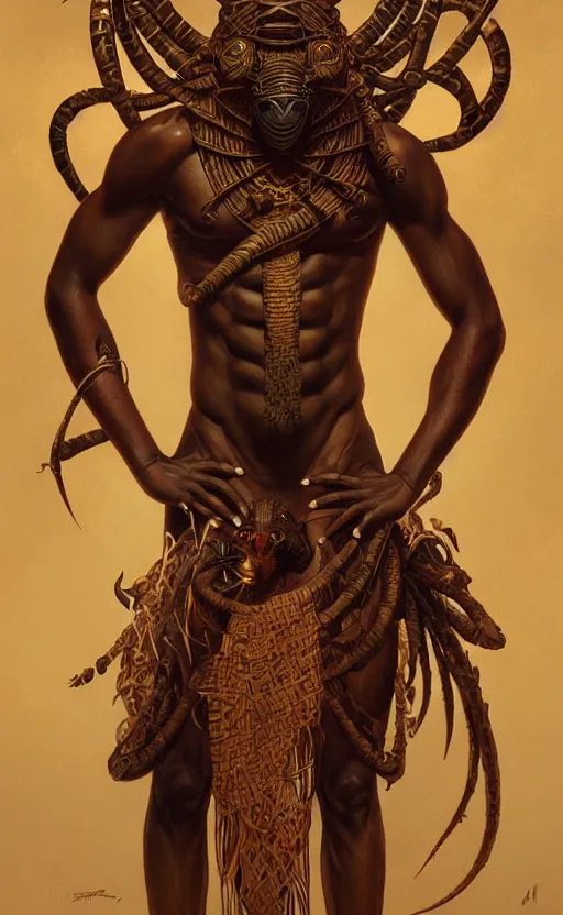 Image similar to the god anansi, african mythology, intricate, upper body, highly detailed, digital painting, artstation, concept art, sharp focus, cinematic lighting, illustration, art by artgerm and greg rutkowski, alphonse mucha, cgsociety