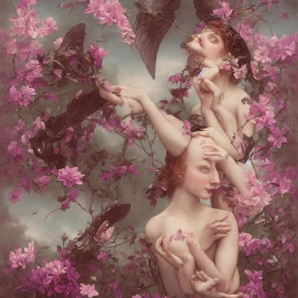 Image similar to one pink fairy with large beautiful wings exploring her lonely flower garden by herself in the style of tom bagshaw, william bouguereau, michelangelo, extremely detailed, muted colors, symmetrical face, large eyes, beautiful face