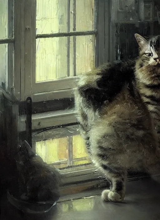 Image similar to a portrait of a cat inside a modern apartment, intricate oil painting, hyperdetailed, ethereal, cinematic, dramatic lighting, by jeremy mann and julius adam ii