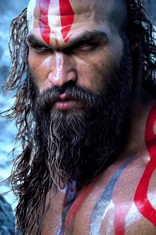 Prompt: film still from god of war, a highly detailed beautiful closeup photo of jason momoa!! kratos with long! windblown wet hair! holding a sword and fighting zombies on a pile of human skulls, spartan warrior, olympian god, muscular!!!, masculine confident pose, ambient lighting, volumetric lighting, octane, fantasy