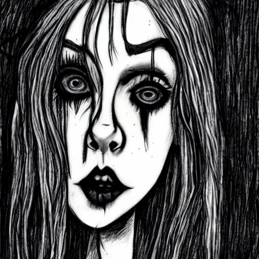 Prompt: grunge drawing of billie eilish , corpse bride style, horror themed, detailed, elegant, intricate