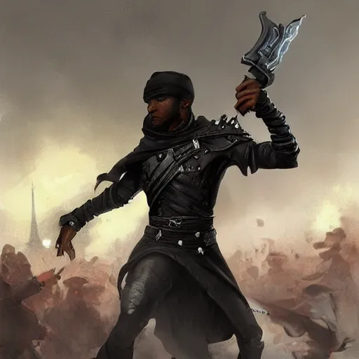 Image similar to a black male rogue fighting with guards in a fantasy paris 1700, symmetric face, dynamic, cinamatic, cinematic light, epic landscape, hyperrealism, epic fantasy digital art, fantasy style art, by Greg Rutkowski, fantasy magic the gathering card art style