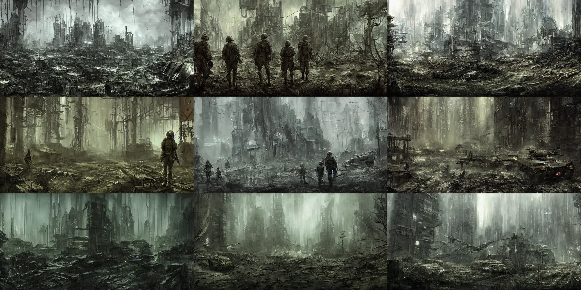 Prompt: army, world war 2, dystopian, cyberpunk, forest, concept art, cinematic