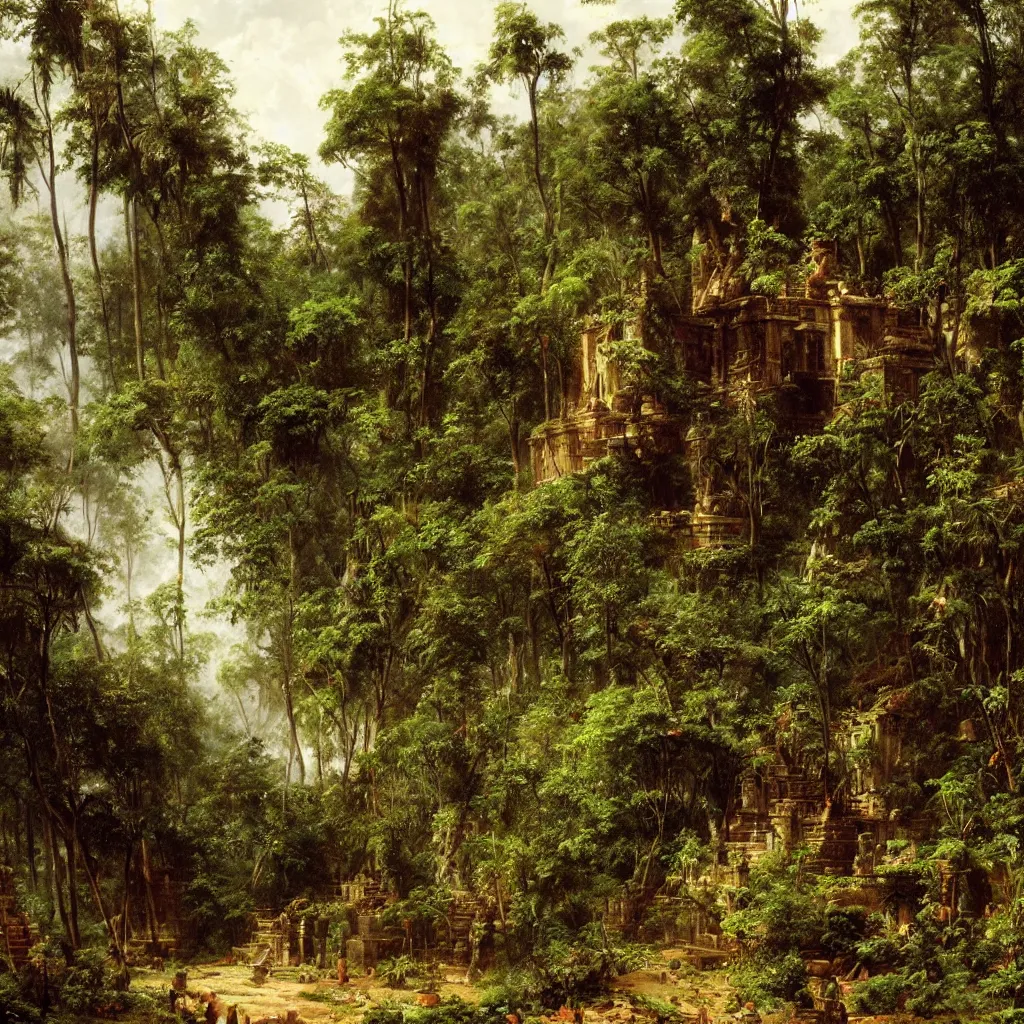 Image similar to aztec temple in the jungle overgrown with vegetation, painting by andreas achenbach