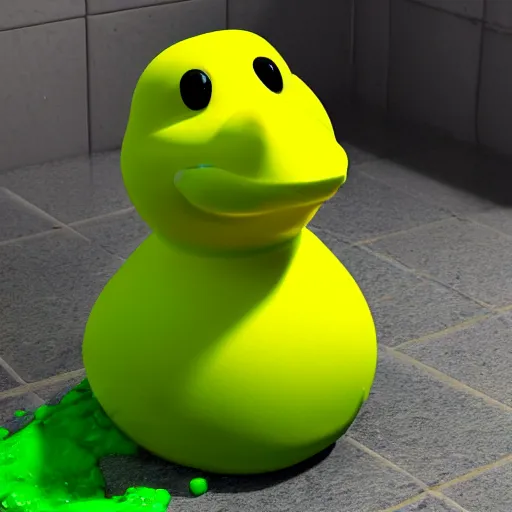 Image similar to rubber duck made of green slime melting on a bathroom, octane render, unreal engine 5, excellent composition, trending on artstation, million of likes, ray tracing, cinematic lighting