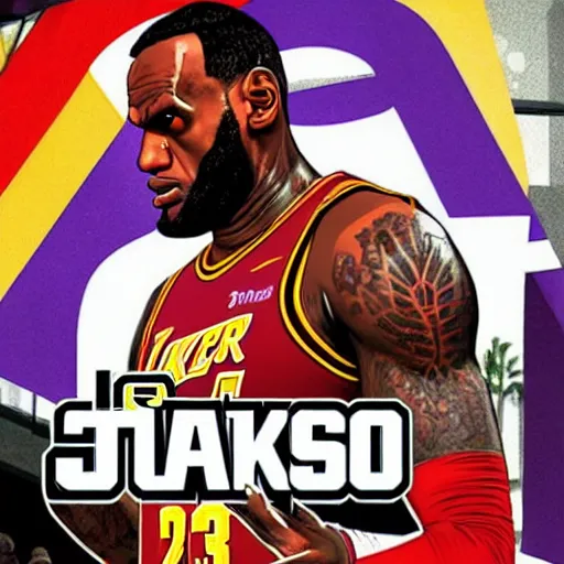 Prompt: lebron james, gta v cover art, art by stephen bliss, matte painting, sharp focus