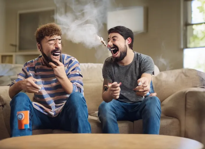 Prompt: Two buddies sitting in a room, smoking a hugh blunt and playing playstation 5, they both laugh maniacally. wideshot. 4k.