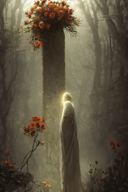 Image similar to The last spirit living in the cemetery, flowers, illustrated by Greg Rutkowski and Caspar David Friedrich., Trending on artstation, artstationHD, artstationHQ, 4k, 8k