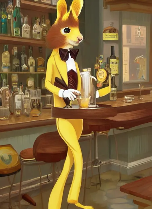 Image similar to squirrel anthro as a dapper bartender with a big, fluffy tail, retro futurism, art deco, detailed painterly digital art style by WLOP and Cory Loftis, 🐿🍸🍋, furaffinity, trending on artstation