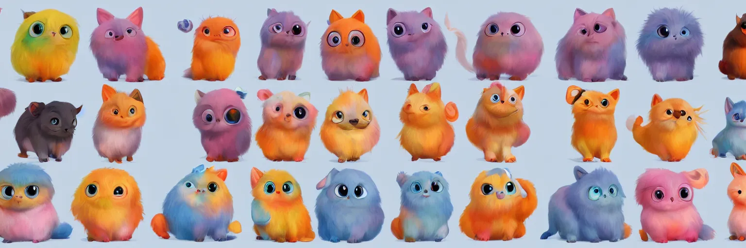 Prompt: concept sheet of cute colorful 3 d family fluffy animal characters for kids, big eyes, simple smooth shapes and forms, reflective like candy, masterpiece, intricate concept art, 8 k, artstation