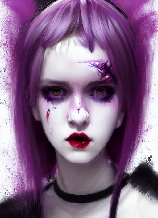 Image similar to portrait of white teenage girl, normal face, white bangs, mall goth, cyberlox, black and white hair, bangs, fluffy bangs, red contact lenses, purple lipstick, intricate, elegant, highly detailed, digital painting, artstation, concept art, sharp focus, smooth, illustration, art by wlop, mars ravelo and greg rutkowski