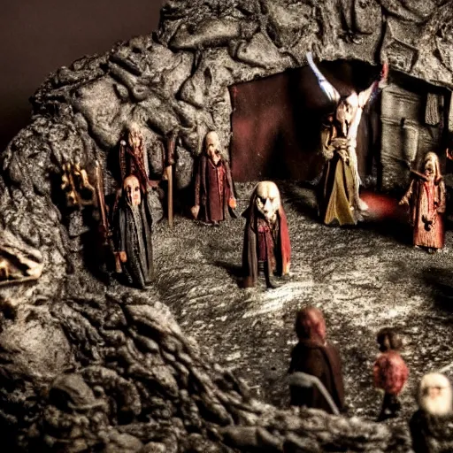 Image similar to claymation action shot of the council of the ring, lotr, dramatic lighting, creepy, dslr, tilt shift, extremely textured, realistic hyper detailed