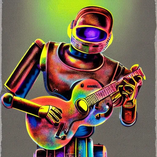 Prompt: tshirt print of a 3 dieselpunk robots playing guitar, text robos rock, 8 k, flourescent colors, halluzinogenic, multicolored, exaggerated detailed, front shot, 3 d render, octane