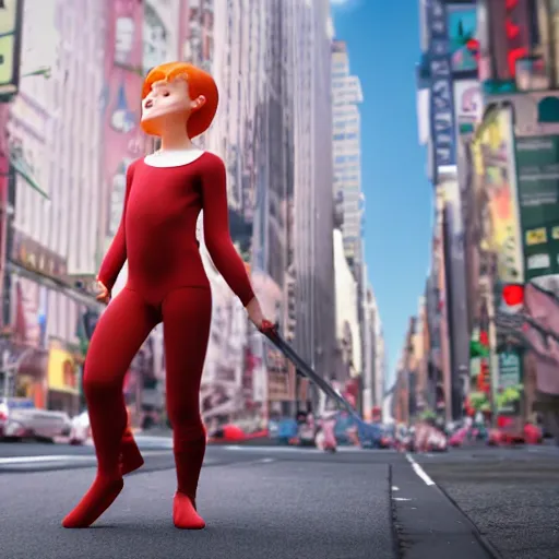 Prompt: a girl with a giant smile:: red hair:: pale skin:: wearing ballet clothes:: holding a larger sword:: standing in a busy street:: in New York city:: wide angle:: tilt shift lens:: full body:: long shot:: volumetric lighting:: cinematic:: 8K:: octane render:: trending on artstation:: hyper realistic:: photo realistic:: by gregory crewdson