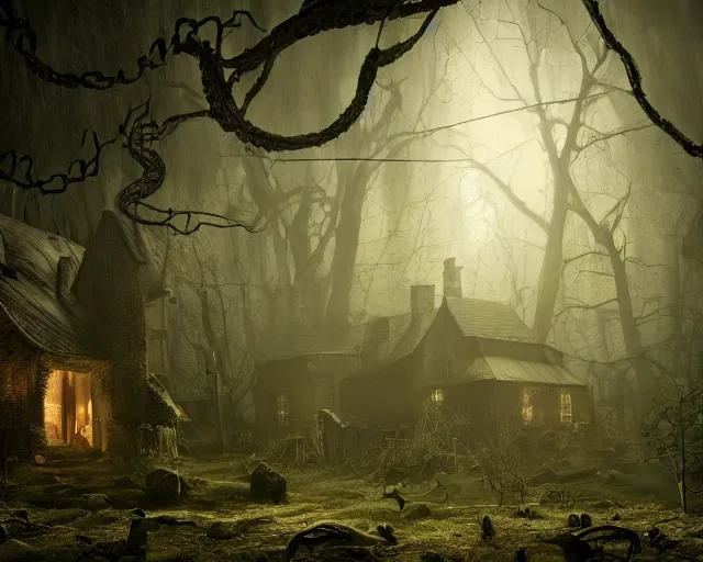 Image similar to the scariest witches house with giant snakes on the roof, in the scariest dark forest, epic scene, dark, scary, horror, frightening, fantasy, cinematic, redshift render, cgi, hyper - detailed, photo - bash, 8 k post - production, masterpiece, in the style of greg rutkowski