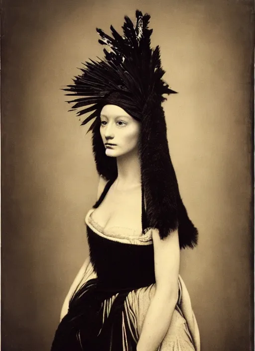 Image similar to portrait of young woman in renaissance dress and renaissance headdress, art by richard avedon