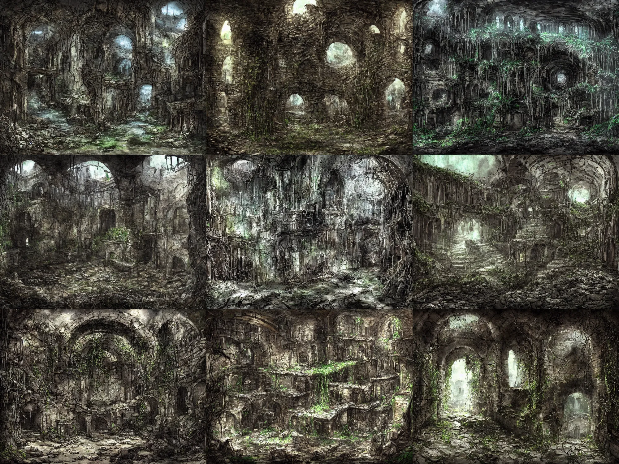 Prompt: inside the old sewers in the ruined part of the city. fantasy art, dripping water, vines, ruins, abandoned spaces, danger, dark, dungeon.