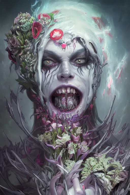 Image similar to demon face closeup of girl necromancer full of scars and flowers, wizard of the coast casting magic spell, angel, magic storm and thunder clouds, fantasy, magic the gathering, hyper detailed, 3 d render, hyper realistic detailed portrait, peter mohrbacher