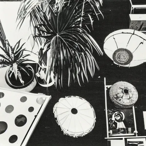 Image similar to A black and white photography of an exhibition space with objects of Sun Ra, Marcel Duchamp and tropical plants, 60s, offset lithography print, close up shot