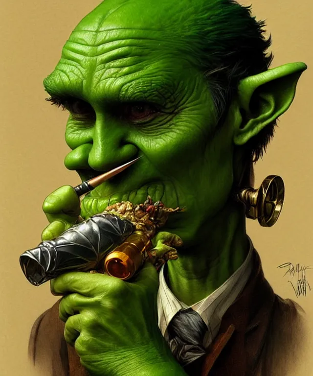 Prompt: a green-skinned goblin smoking a pipe, portrait, intricate, elegant, highly detailed, smooth, sharp focus, art by artgerm and greg rutkowski and alphonse mucha