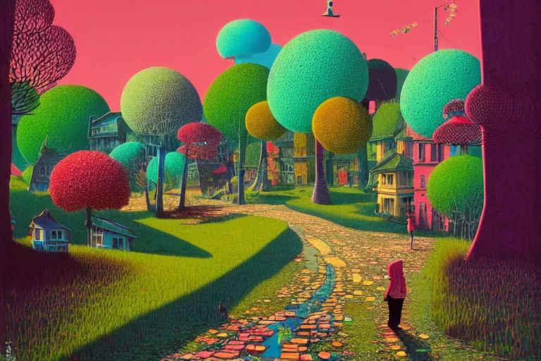 Image similar to surreal glimpse into other universe, jalan - jalan cari makan, summer morning, very coherent and colorful high contrast, art by!!!! gediminas pranckevicius!!!!, geof darrow, floralpunk screen printing woodblock, dark shadows, hard lighting, stipple brush technique,