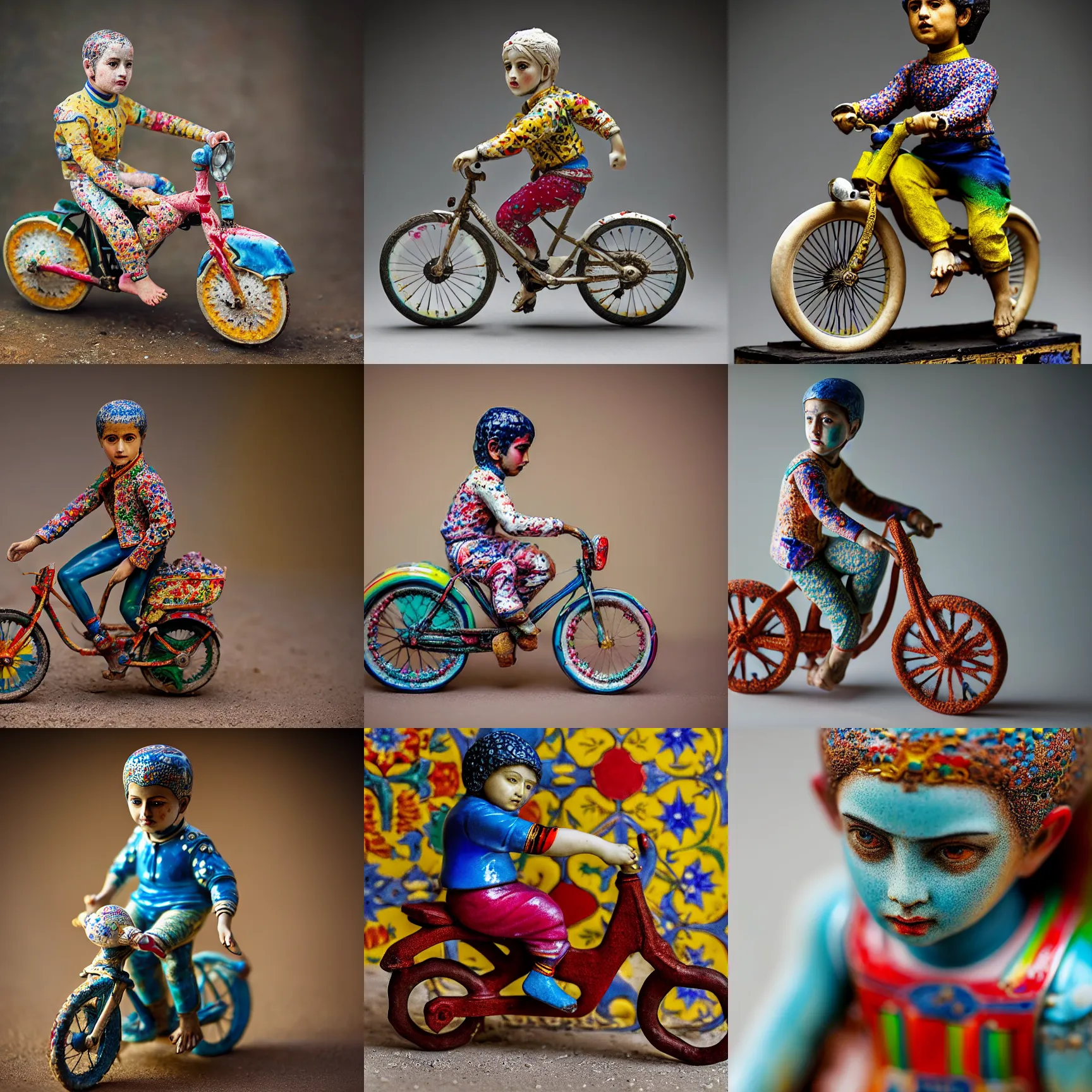 Image similar to portrait of a porcelain figurine of Iranian child on a bike, colourful, detailed, depth of field, intricate, delicate, by Jonas Jensen, Magnum photos