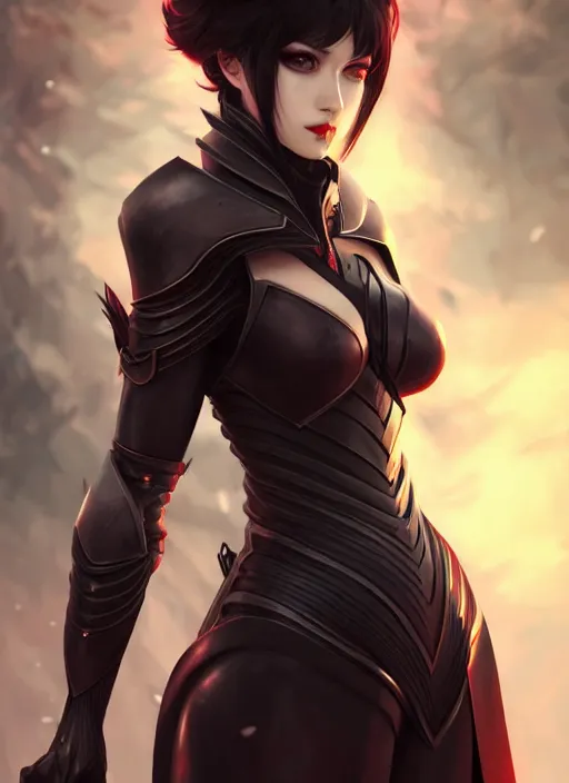 Image similar to full plate armor!!! beautiful and elegant dark hair female vampire!! gorgeous ayes!! character concept art, sharp focus, octane render! unreal engine 5! highly rendered!! trending on artstation!! detailed linework!! illustration by artgerm, wlop, and chie yoshii