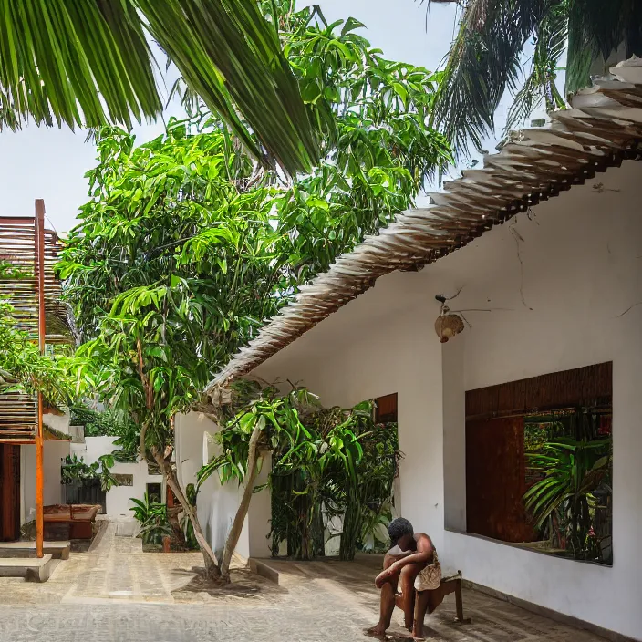 Prompt: idyllic town house on a quiet street in lagos, tropical architecture with sun shading and pergolas, modernist african building, contemporary architecture, architectural photography, canon eos r 3, telephoto lens, sigma 5 0 0 mm f / 5, iso 2 0 0, 1 / 1 6 0 s, 8 k, raw, unedited, in - frame