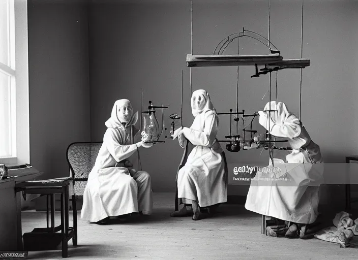 Image similar to realistic photo two medieval female scientists doing an experiment with a cloud and rainbow, living room interior is made of wood 1 9 9 0, life magazine reportage photo