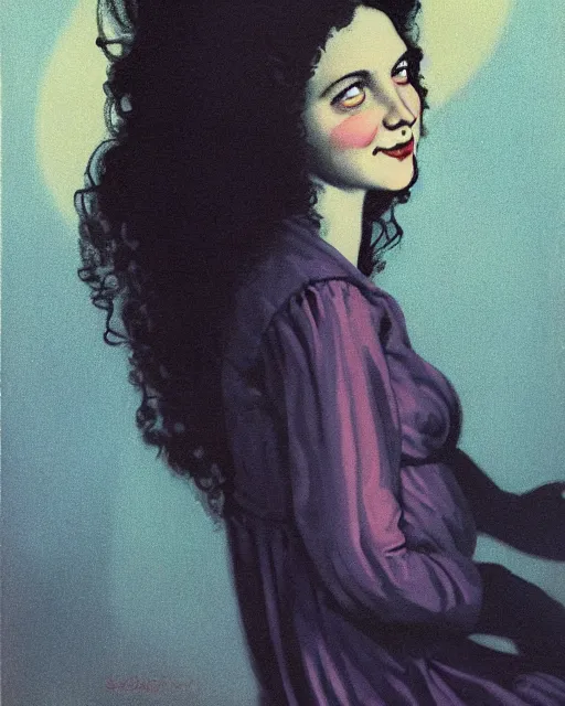 Image similar to a handsome but creepy, sinister, smiling young woman, with haunted eyes and curly hair, wearing a nightdress, 1 9 7 0 s, seventies, wallpaper, a little blood, moonlight showing injuries, delicate embellishments, painterly, offset printing technique, by brom, robert henri, walter popp