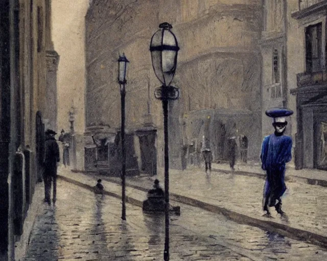 Prompt: a ragged clothed man begging on a street in early 2 0 th century paris. he has a top hat. street lights. evening. warm atmosphere. epic scene. blue vivid colours.