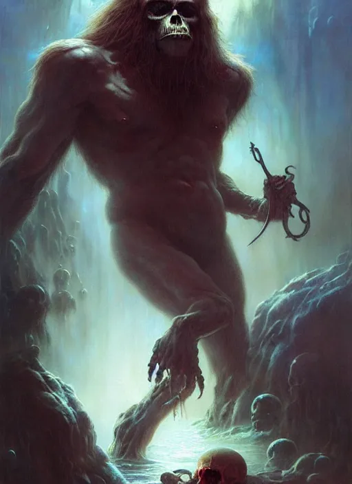 Image similar to shackled in styx river of the underworld, frank frank frazetta and cgsociety, stunning sasquatch, charlie bowater and tom bagshaw, insanely detailed, deviantart, space art, atoms surrounded by skulls, death, and spirits deep water, blood splatters, horror, sci - fi, surrealist painting, by peter mohrbacher