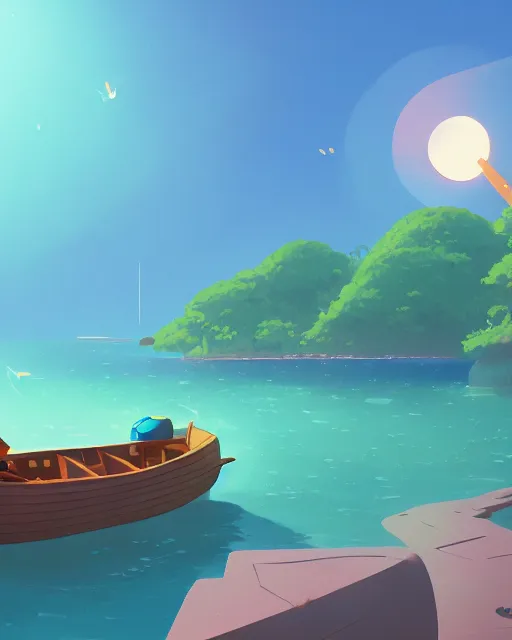 Image similar to small wooden boats around turtle shaped island, lush vegetation, azure water, glowing light, cory loftis, james gilleard, atey ghailan, makoto shinkai, goro fujita, studio ghibli, rim light, exquisite lighting, clear focus, very coherent, plain background, soft painting