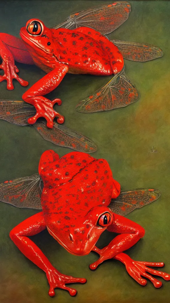 Prompt: giant red frog with giant dragonfly wings, photorealism, oil paint, renaissance, 8 k, high detail whide shot