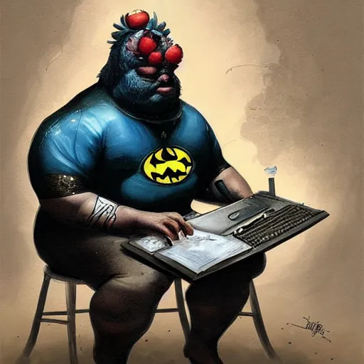 Image similar to a insanely detailed painting of a slightly overweight man wearing a homemade superhero costumed, sitting at a computer desk, nervously and clicking on the mouse, in the style of peter mohrbacher, dramatic lighting and composition, trending on artstation, concept art, comic book, graphic novel