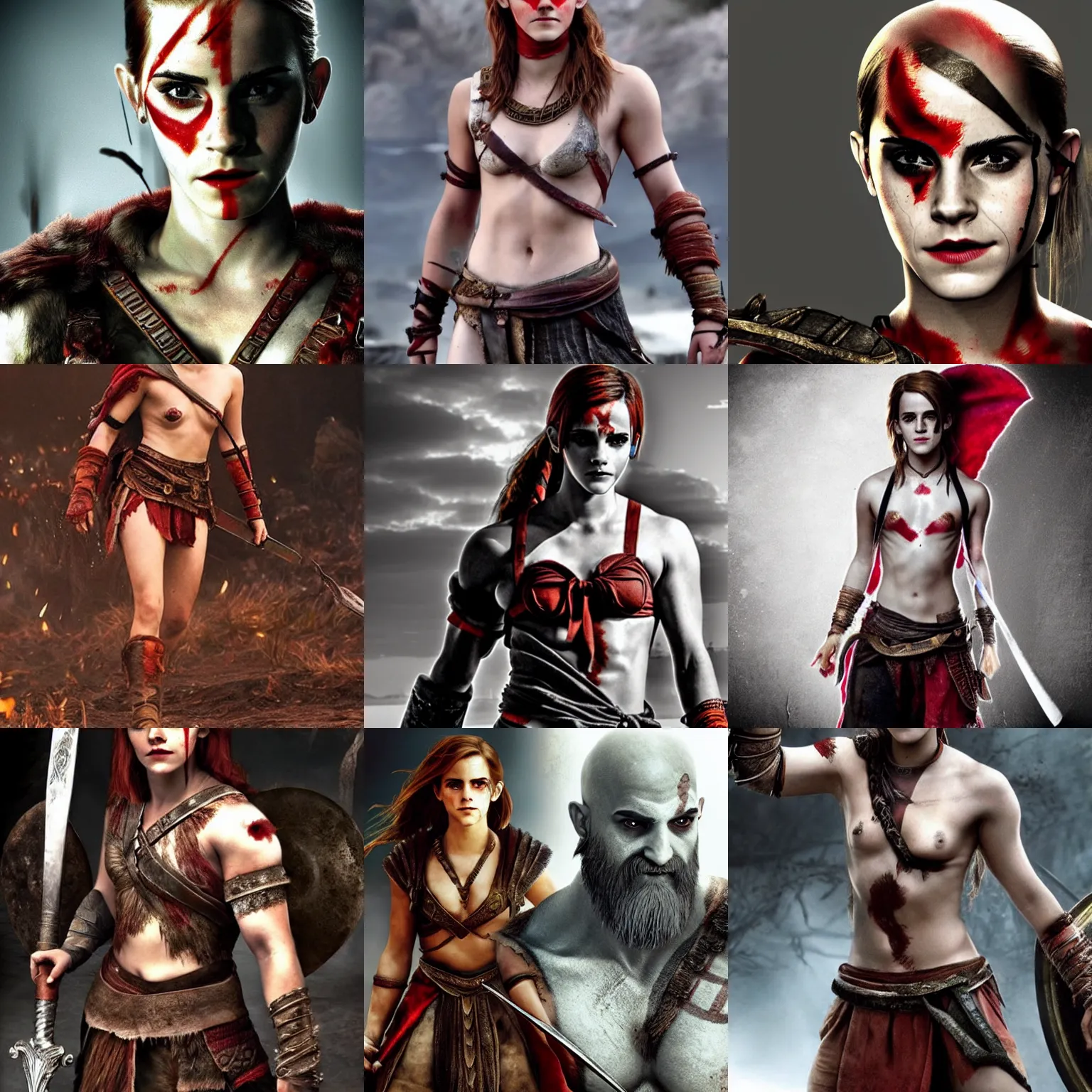 Prompt: Emma Watson as Kratos, brutal