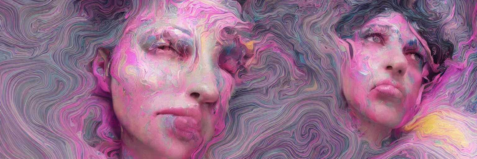 Image similar to A portrait of a very beautiful goddess with pink and grey hair radiating an artwork made of multicolored swirling paint and empasto by James Jean and WLOP , volumetric displacement by Lee Griggs, volume noise, hyperrealism, subsurface scattering, octane render, 8k, xparticles