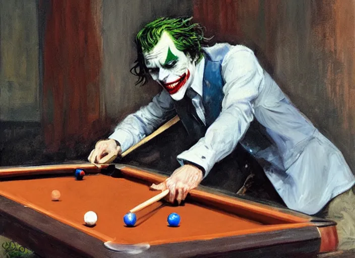 Image similar to a highly detailed beautiful portrait of the joker playing pool, by gregory manchess, james gurney, james jean