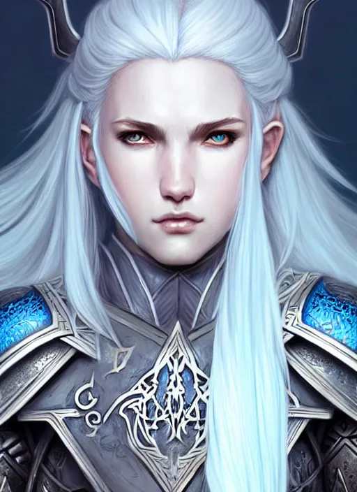 Image similar to warrior, light azure armor!!! long wild white hair!! covered chest!!! fantasy, d & d, intricate ornate details, digital painting, pretty face!!, symmetry, concept art, sharp focus, illustration, art by artgerm! greg rutkowski magali villeneuve wlop! ilya kuvshinov!!, octane render