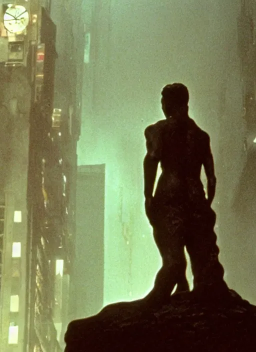 Image similar to giant the thinker statue in the blade runner ( 1 9 8 2 ) city