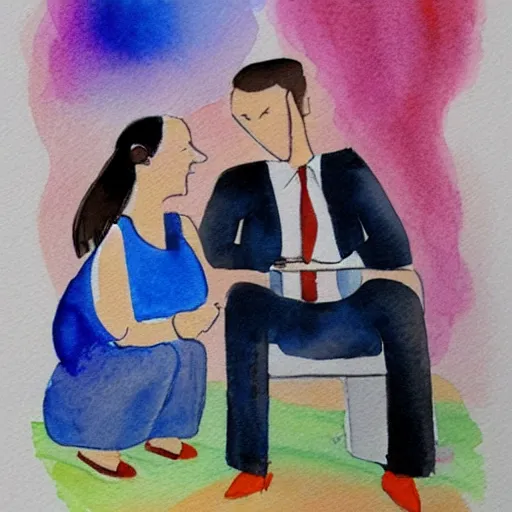 Image similar to a psychotherapist meets a client in his practice and helps her through a very difficult time for her, stylized watercolour