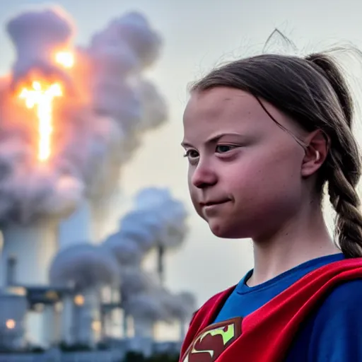 Image similar to epic photo of greta thunberg as super girl realistic backlit background oil refinery explosions and black smoke