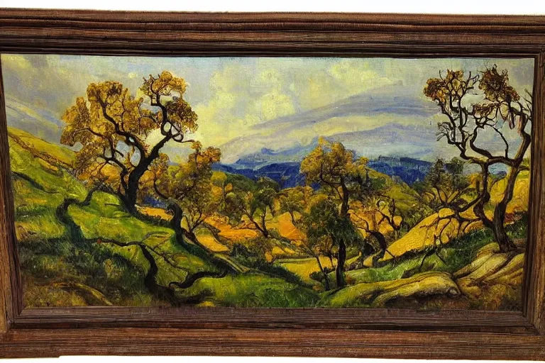 Image similar to masterpiece painting of oak trees on a hillside overlooking a creek, dramatic lighting, by frederick varley